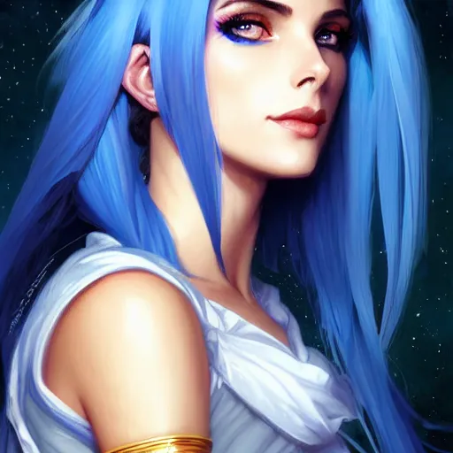 Prompt: Ashley Greene with blue hair as Sailor Moon, western, D&D, fantasy, intricate, elegant, highly detailed, digital painting, artstation, concept art, matte, sharp focus, illustration, art by Artgerm and Greg Rutkowski and Alphonse Mucha