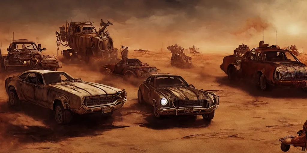 Image similar to an environmental concept art from mad max fury road, single muscle car speeding through the desert, highly detailed, cinematic, dramatic lighting by francis tneh, guy fieri eating a burger, lara croft punching a toaster