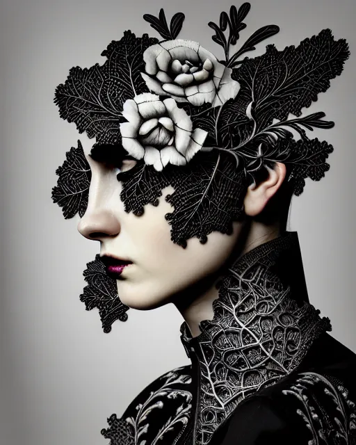 Image similar to masterpiece monochrome profile portrait painting, dutch masters, silver lace floral steampunk biomechanical beautiful one techno eye young female cyborg, big monocular, volumetric light, leaves foliage and stems, hibiscus flowers, by cecile beaton, rim light, big gothic fashion pearl embroidered collar, 8 k