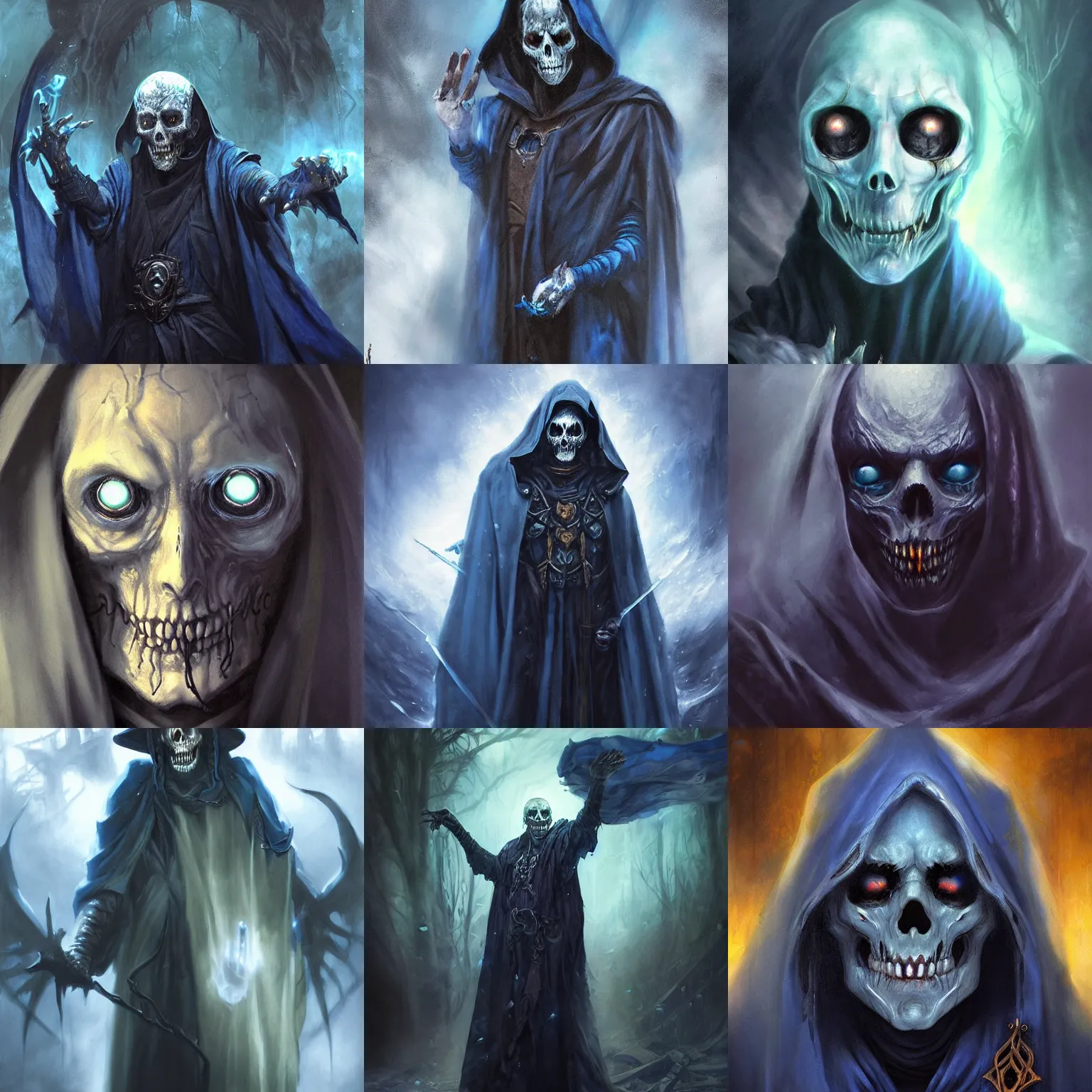 Prompt: undead lich missing left hand and left eye, dressed in dark blue robes, fantasy, epic, portrait painted by raymond swanland