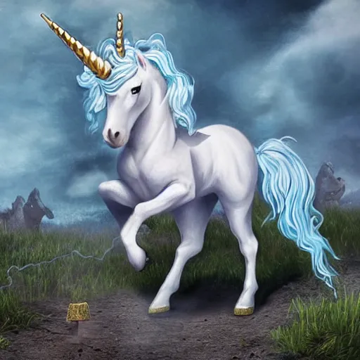 Prompt: A Unicorn stepping on landmine, fantasy art