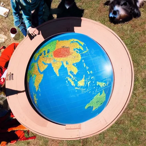 Prompt: the world is happy for you, large scale photo, globe is surrounded by dachshunds