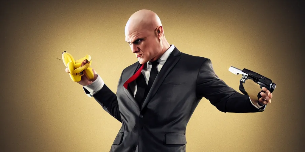 Image similar to agent 4 7 holding a banana, studio photo, award winning photography, dynamic lighting, hdr, stunning scenery, 8 k, incredible detail, beautiful