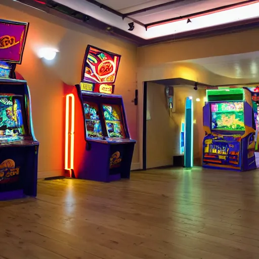 Image similar to an empty arcade with only one arcade game left, and a door to the left with an exit sign above it, the carpet is brown