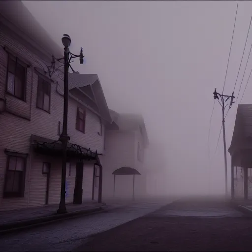 Prompt: creepy town covered in heavy fog, highly detailed, 4k, HDR, award-winning, octane render, artstation