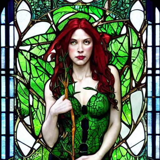 Prompt: a stunningly detailed stained glass window of a beautiful alison hannigan as poison ivy with green skin, dark eyeliner, intricate, elegant, highly detailed, digital painting, artstation, concept art, sharp focus, illustration, art by greg rutkowski and alphonse mucha