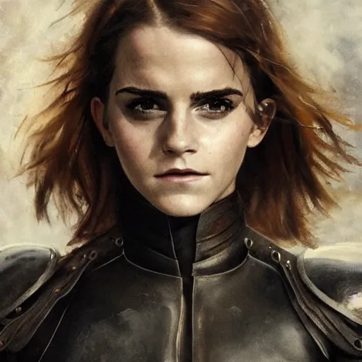 Image similar to close up of emma watson in full leather armor, cinematographic shot, by daniel f. gerhartz