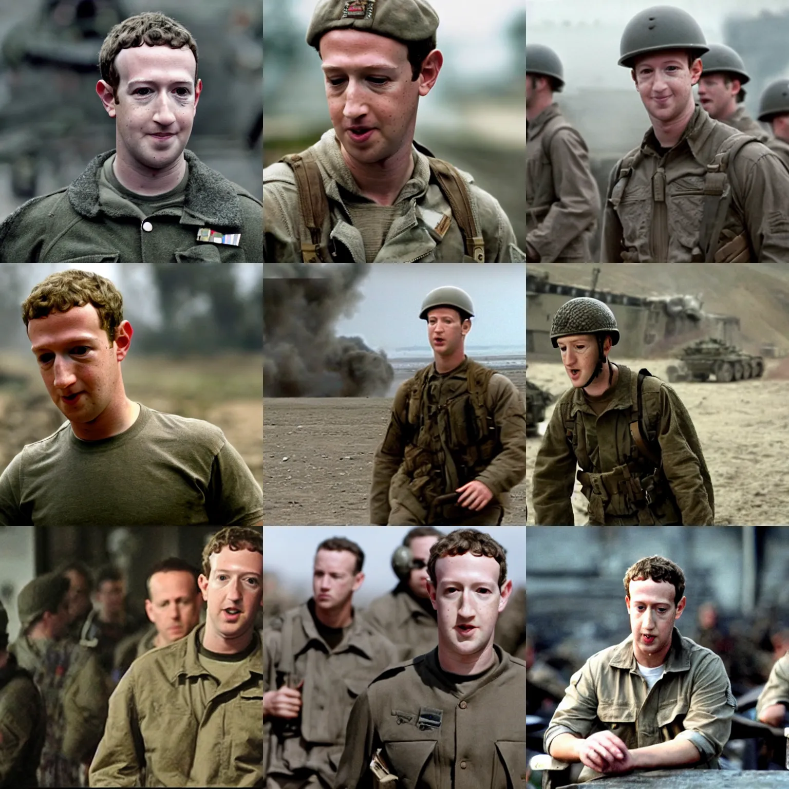 Prompt: Movie still of Mark Zuckerberg in Saving Private Ryan, opening scene