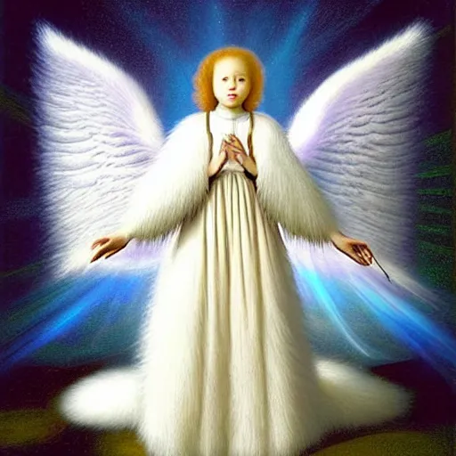 Image similar to highdetailed hyperrealistic painting of white angel!!! no gender!!!, giant ball of miracle light from the chest!!!!!, white sparkles everywhere, 4 k hd fur face!!!, big wings, by jan van eyck, holography space, glow effect, large strokes, soft and clean, white monochrome color!!!!!