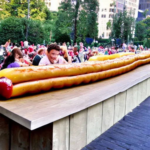 Image similar to award winning twenty meter long hotdog on a long table