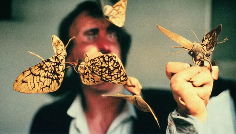 Image similar to 7 0 s movie still of a man with moths in the mouth, cinestill 8 0 0 t 3 5 mm eastmancolor, heavy grain, high quality, high detail