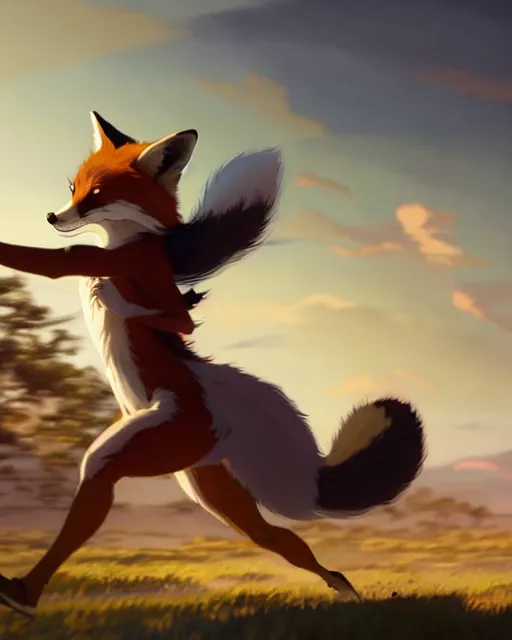 Prompt: a beautiful, dynamic illustration of an anthropomorphic fox - woman running while firing her winchester rifle, wild west theme, bullets whizzing by, motion blur and speed lines, studio muti, greg rutkowski, makoto shinkai, takashi takeuchi, studio ghibli