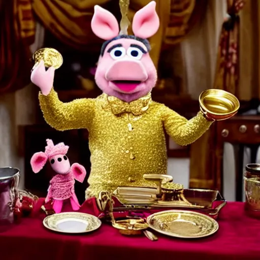 Image similar to pig waiter wearing a gold crown as a Muppet holding a silver platter 8k