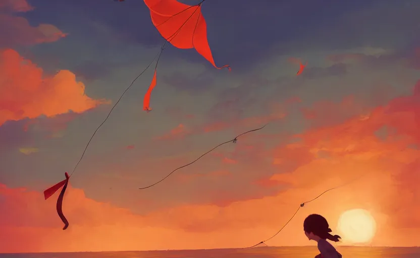 Image similar to child flying a kite at the beach by atey ghailan and garmash, michael, cinematic, volumetric lighting, sunset