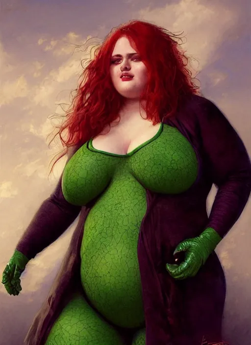 Prompt: A beautiful portrait of 400-pound obese Sophie Turner as 400-pound obese Poison Ivy from Batman movie, digital art by Eugene de Blaas and Ross Tran, vibrant color scheme, highly detailed, in the style of romanticism, cinematic, artstation, Greg rutkowski