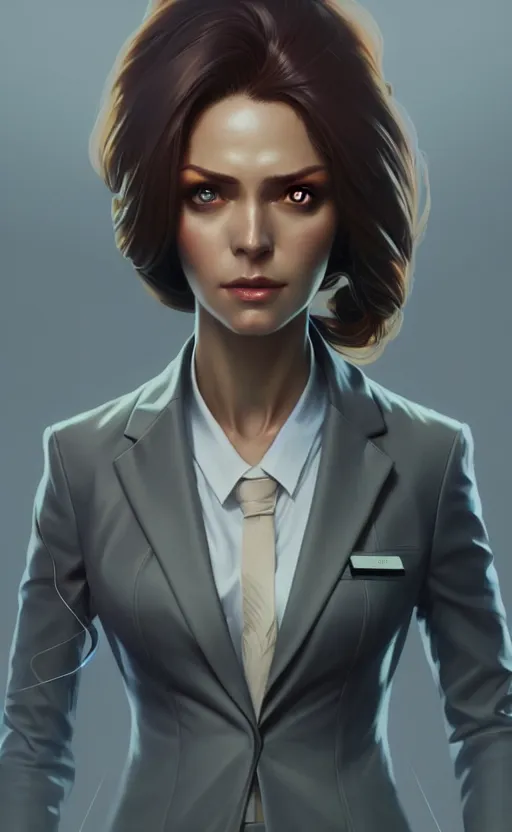 Image similar to Female in office suit, sci-fi, highly detailed, digital painting, artstation, concept art, smooth, sharp focus, illustration, art by artgerm and greg rutkowski and alphonse mucha