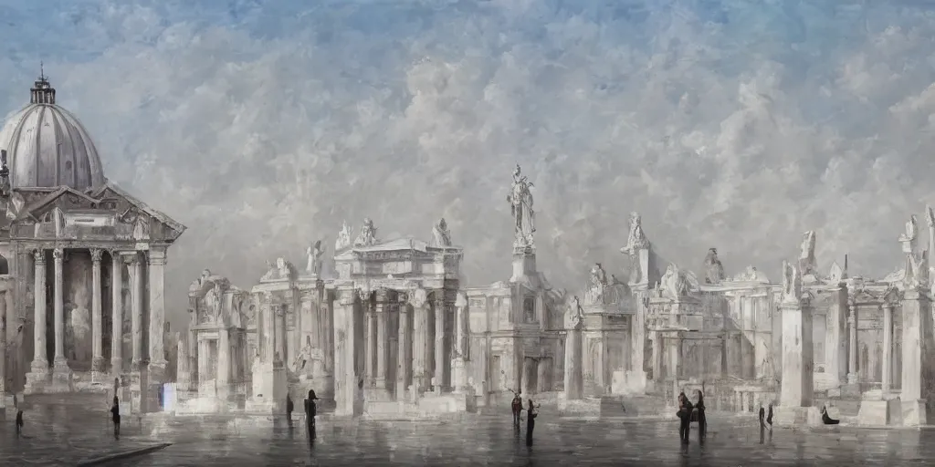 Image similar to utopian city made out of glistening, white marble, nature backdrop, fusion between historical and modern futuristic architecture, rome, minimalism, oil painting