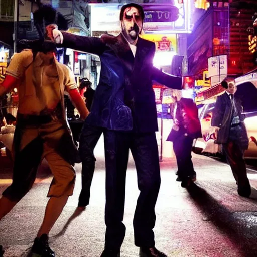 Image similar to nicolas cage as goro majima from yakuza game series on the streets on night tokyo, highly detailed