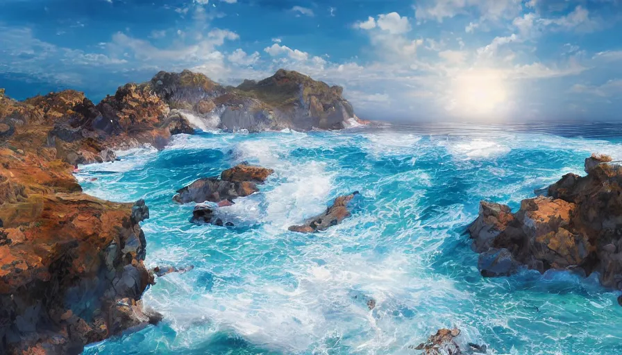 Image similar to beautiful crystal water sea with big waves, big sandy beach in the foreground, sun in the sky, hyperdetailed, artstation, cgsocitety, 8 k