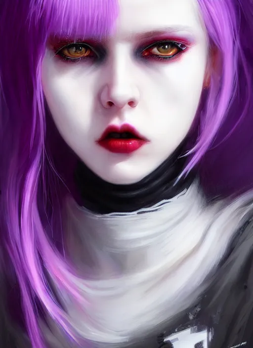 Image similar to portrait of white teenage girl, normal face, white bangs, mall goth, cyberlox, black and white hair, bangs, fluffy bangs, red contact lenses, purple lipstick, intricate, elegant, highly detailed, digital painting, artstation, concept art, sharp focus, smooth, illustration, art by wlop, mars ravelo and greg rutkowski