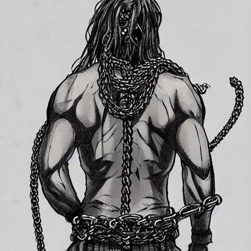 Image similar to A FULL BODY PORTRAIT FROM BEHIND OF TAKEZO VAGABOND ,THE MAN KEEPS A KUSARIGAMA AND IT IS WRAPPED IN CHAINS ,detailed, concept art, ink style , sketch