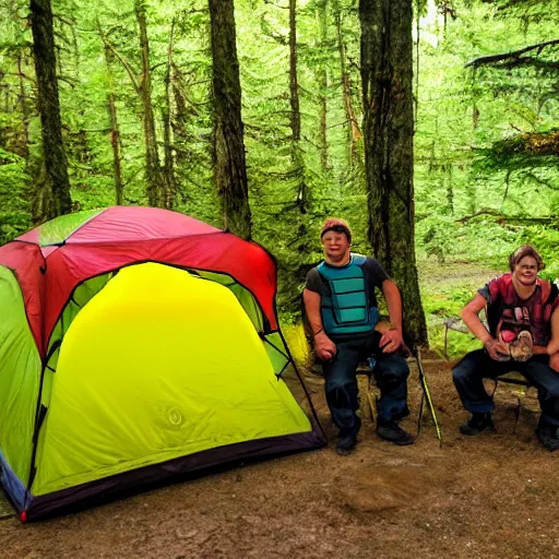 Prompt: teenage mutant ninja turtles camping, british columbia, nationak park, log fire, tent, style of 9 0 s super hero comics