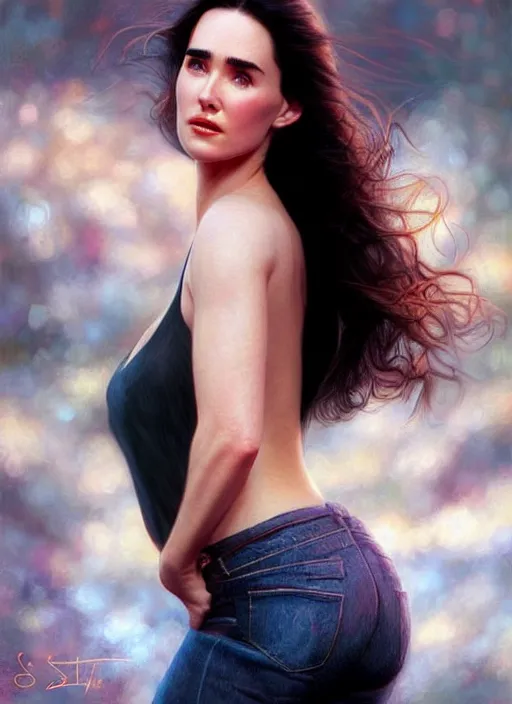 Image similar to a gorgeous young jennifer connelly with long soft hair in the style of stefan kostic, realistic, full body shot, wide angle, sharp focus, 8 k high definition, insanely detailed, intricate, elegant, art by stanley lau and artgerm, floating embers