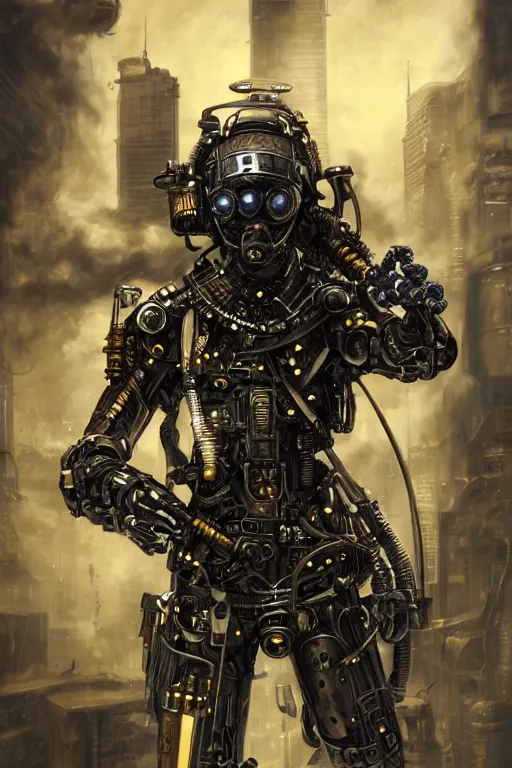 Prompt: Portrait of a dieselpunk sci-fi cyborg ninja, third person, D&D, sci-fi fantasy, pistons and bolts, intricate, black and gold, highly detailed, art by Range Murata, highly detailed, 3d, octane render, bright colors, digital painting, trending on artstation, sharp focus, illustration style of Stanley Artgerm,