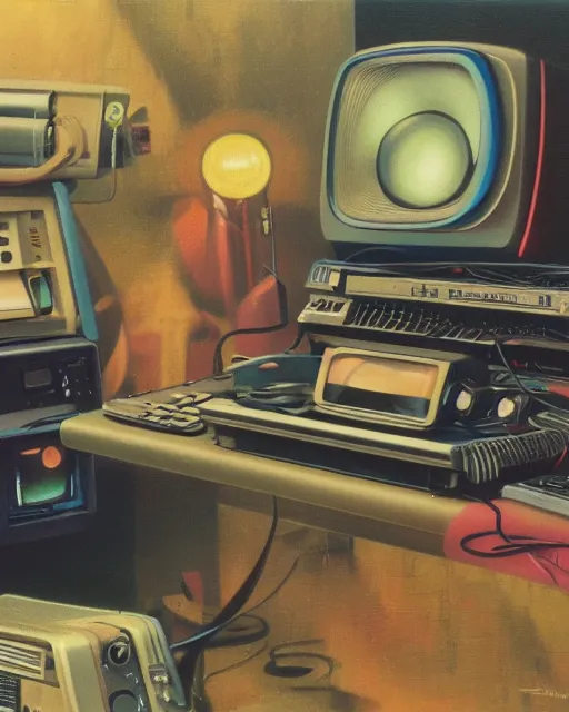 Image similar to a monitor observing 8 0 s era technology, vintage shapes, retro technology, vintage color, wayne barlow, oil on canvas, deep depth of field, masterpiece, cinematic composition, hyperdetailed