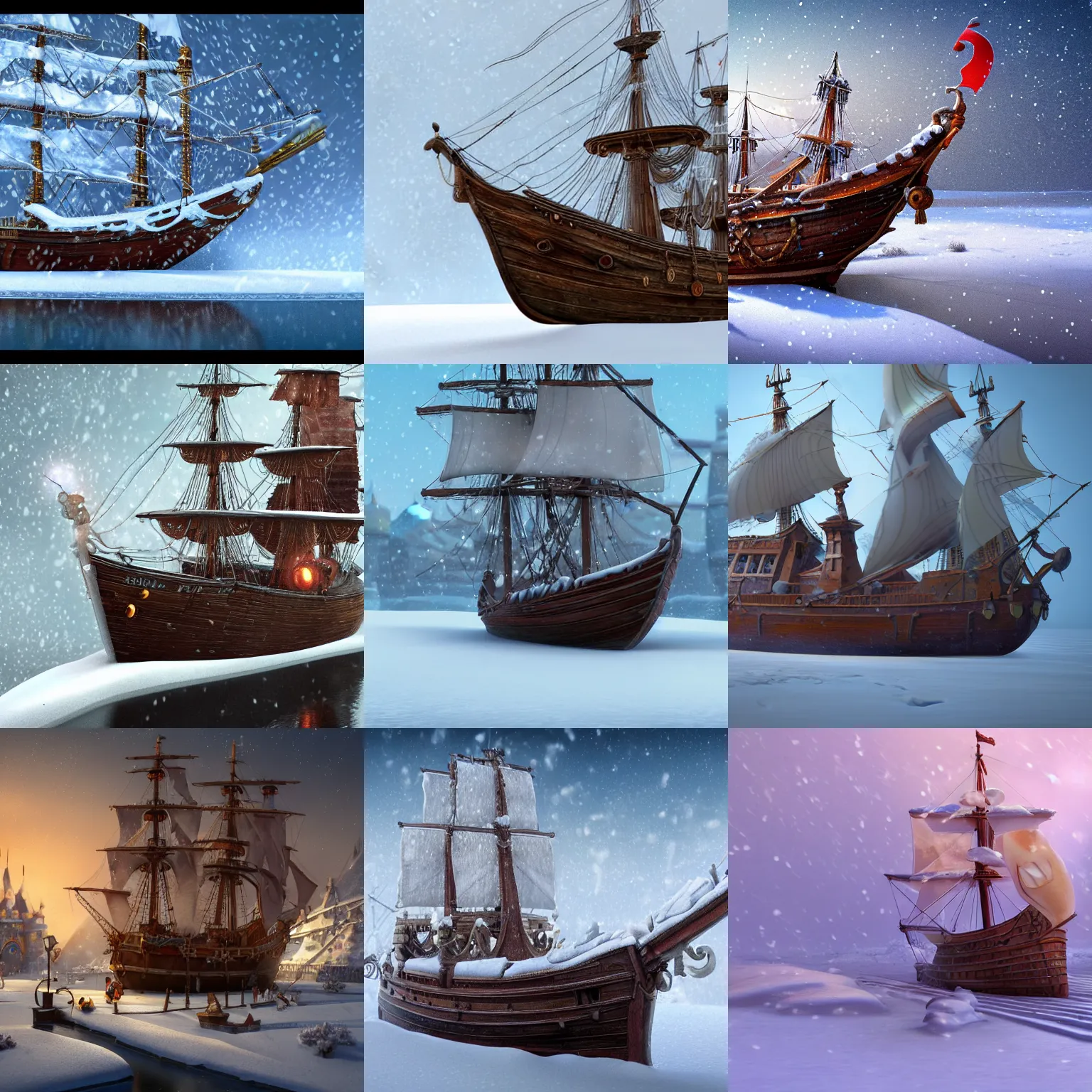 Prompt: beautiful 1600s ship frozen in the snow. Pixar Disney 4K 3d render funny animation movie Oscar winning trending on ArtStation and Behance. Ratatouille style.