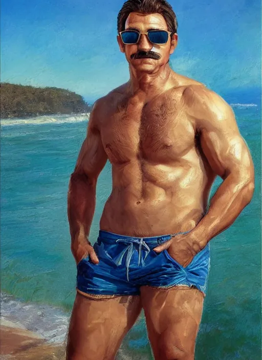 Prompt: painting of a handsome young man with toned muscles wearing pit viper glasses and swim shorts and a baseball cap, bulky, with dense brown stubble and a thick moustache, sparse chest hair,by Jeremy Mann, stylized, detailed, realistic, warm tones, summer vibes, glistening skin, loose brush strokes