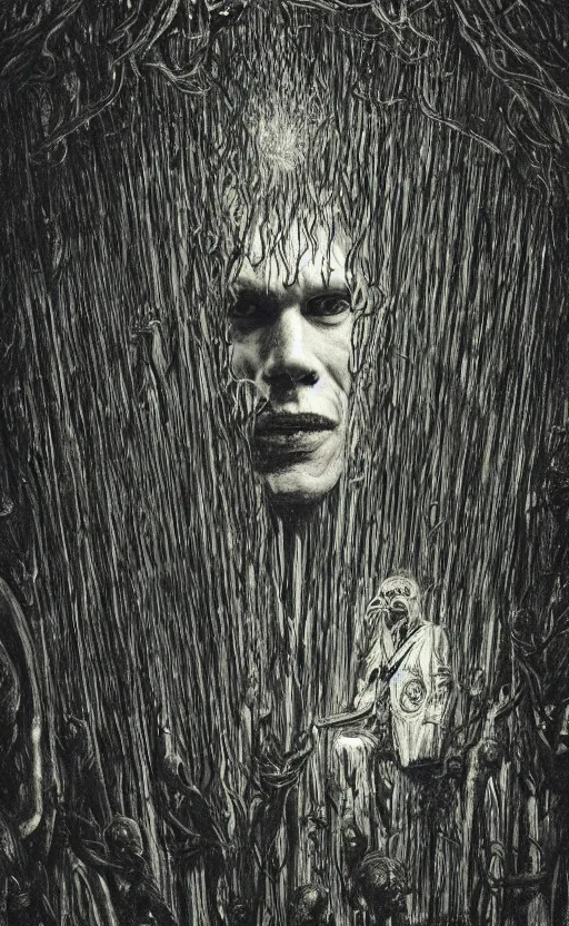 Image similar to portrait of lovecraftian jerma surrounded by beams of light dark background by wayne barlow, stanley donwood, anton semenov, zdzislaw bekinski, hr giger, 8 k, fantasy, dark, highly detailed