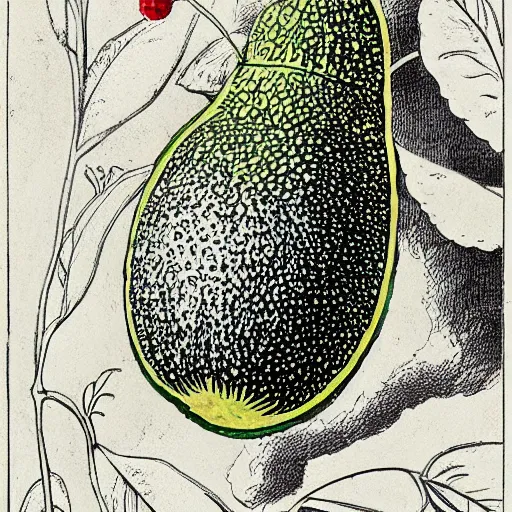 Prompt: highly detailed graphic poster depicting an avocado and a raspberry watching the world on burn with fire, done in the style of old botanical illustrations, matisse, caravaggio, basquiat, japanese art, 4 k