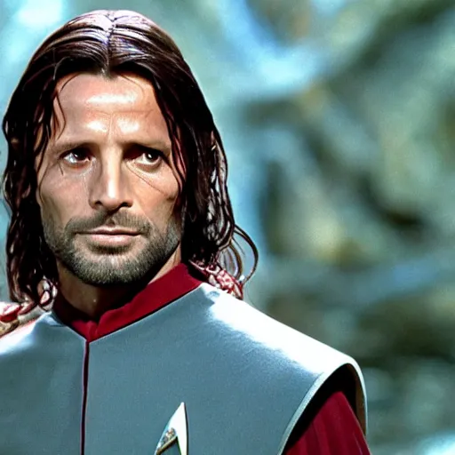 Image similar to A still of Aragorn as Scotty on Star Trek: The Original Series, red shirt, sharp focus, high quality, very realistic, 4k