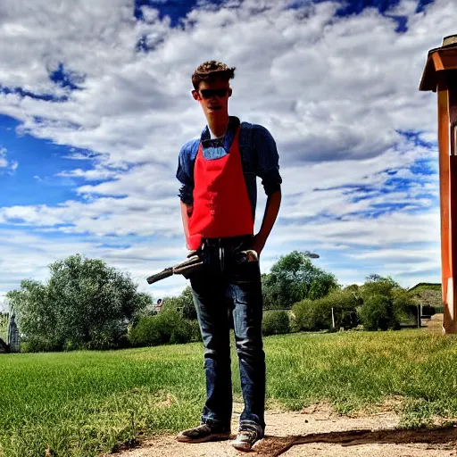 Image similar to Young man standing looking to the right in a red bandana, blue striped shirt, gray vest and a gun with a partly cloudy sky in the background. The young man is standing in front of an iron fence. Photograph. Real life