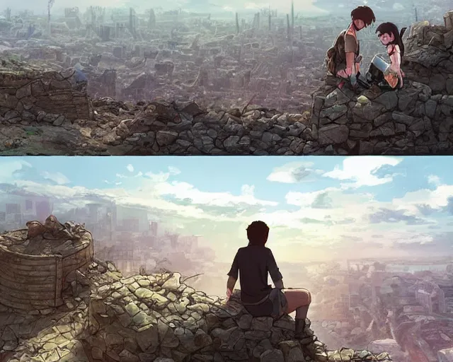 Prompt: a boy and a girl sitting on a hill overlooking the apocalyptic ruins of a city, rubble, ruins, post-apocalyptic, gloomy, end of the world, dust. By Makoto Shinkai, Stanley Artgerm Lau, WLOP, Rossdraws, James Jean, Andrei Riabovitchev, Marc Simonetti, krenz cushart, Sakimichan, D&D trending on ArtStation, digital art.