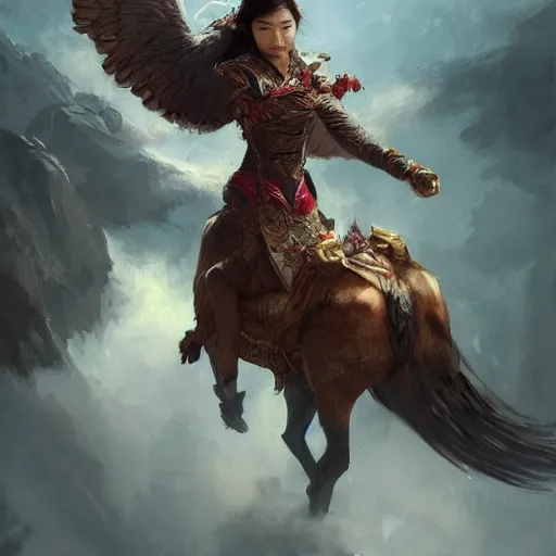 Image similar to asian woman holding an eagle on a horse, greg rutkowski, fantasy, intricate, elegant, highly detailed, digital painting, artstation, concept art, long shot, cinematic lighting