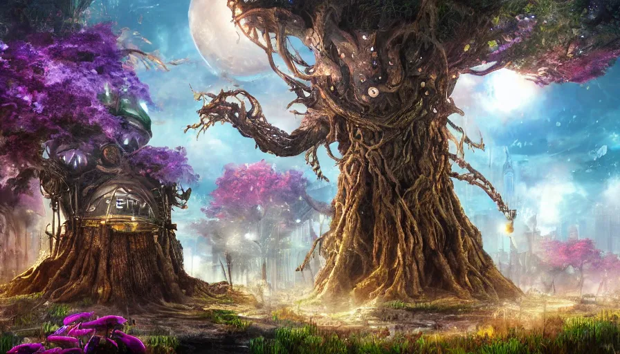 Image similar to ben lo illustration of the largest tree in the world under force field, bioshock concept art, solarpunk, hopeful, colorful, flowers, deity, unreal engine, hyper realism, realistic shading, cinematic composition, realistic render, octane render, detailed textures, photorealistic, wide shot