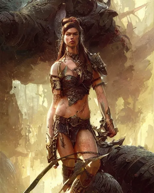 Image similar to a fierce and muscular warrior princess in scale mail, fantasy character portrait by greg rutkowski, gaston bussiere, craig mullins