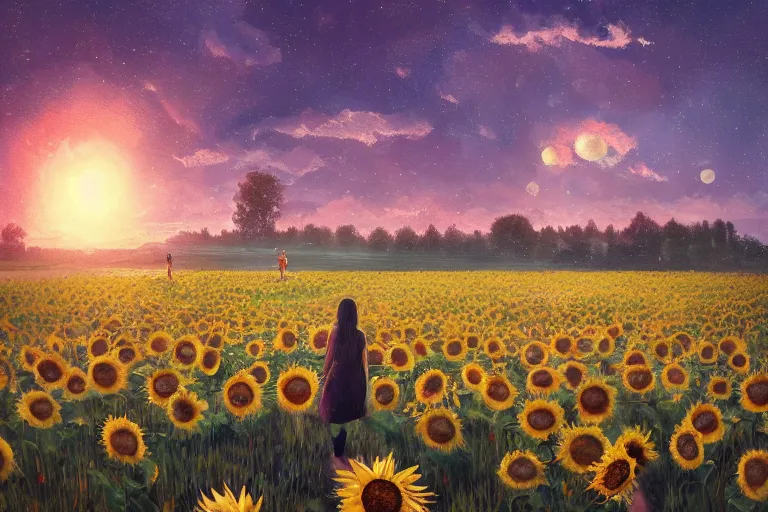 Image similar to giant sunflower as a head, girl walking in daisy field, hills, surreal photography, dark night, star trails, dramatic light, impressionist painting, clouds, digital painting, artstation, simon stalenhag