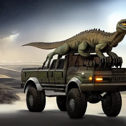 Image similar to velociraptor truck in star wars, futuristic dramatic lighting, intricate photorealism detail, cinematic composition, many exotic alien features, weta pixar