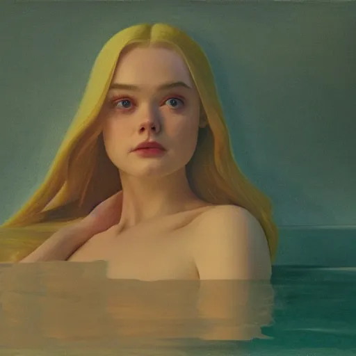 Image similar to Elle Fanning drowning at night in the world of Edward Hopper, stormy snowy weather, extremely detailed masterpiece, oil on canvas, low-key neon lighting, artstation, Blade Runner 2049, Roger Deakin’s cinematography, by J. C. Leyendecker and Peter Paul Rubens,