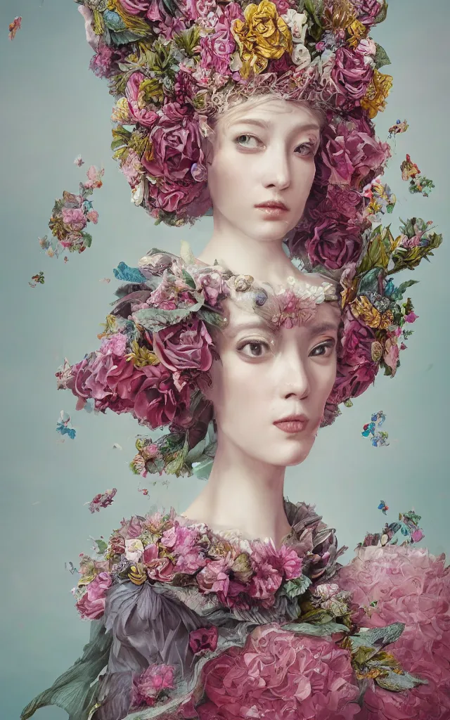 Prompt: an empress portrait, with a brilliant impossible striking big flower headpiece, clothes made entirely out of flowers, rococo, baroque, vogue, rim light, asian, epic art, realistic, wlop style, insane detail, octane render, 8k, fantasy, diva