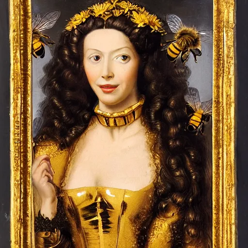 Prompt: portrait of a beautiful woman, with golden armor on, surrounded by bees