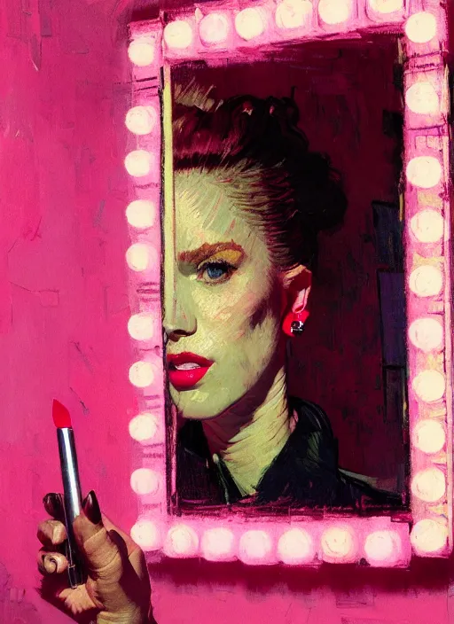 Image similar to portrait of a beautiful girl, putting on lipstick in mirror, shades of pink, beautiful face, rule of thirds, intricate outfit, spotlight, by greg rutkowski, by jeremy mann, by francoise nielly, by van gogh, digital painting