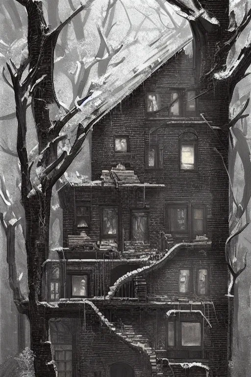 Image similar to (((((a ramshackle Manhattan brick brownstone deep in the forest))))) by Tim McBurnie!!!!!!!!!!!!!!!!!!!!!!!!!!!