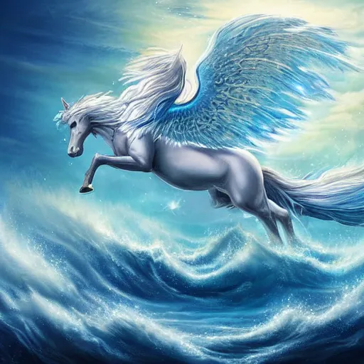 Image similar to a beautiful, celestial, oceanic drakopegasus rising from the sea toward the stars, fantasy art,