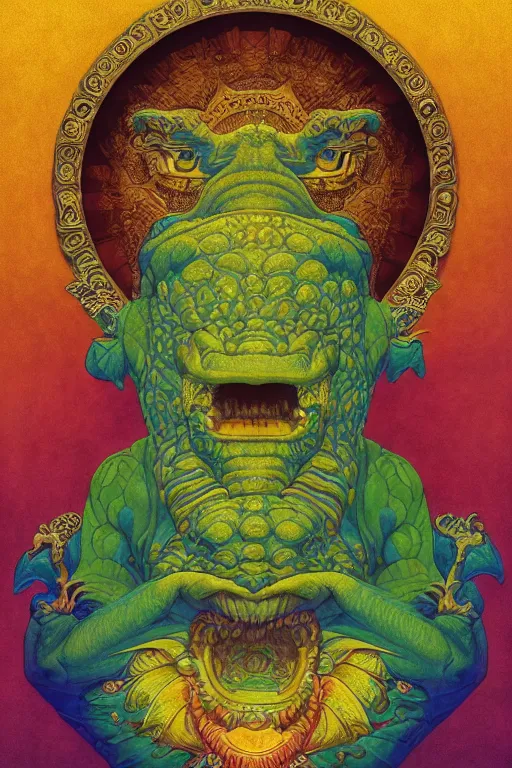 Image similar to beautiful crocodile headed god by maxfield parrish, mandala, coherent design, symmetrical, vivid colors, digital watercolor ink illustration painting, complementary color, golden ratio, detailed, sharp lines, sharp focus, intricate, rainbowshift, artgerm, gustave dore, alphonse mucha, octane render