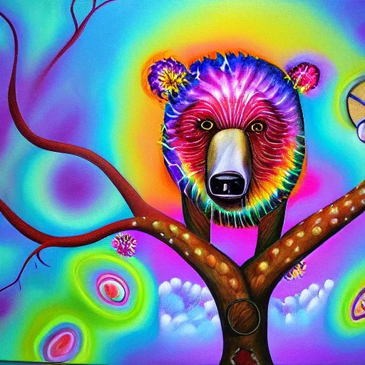 Image similar to a painting of a bear in a tree, an airbrush painting by lisa frank, trending on deviantart, psychedelic art, detailed painting, airbrush art, acrylic art