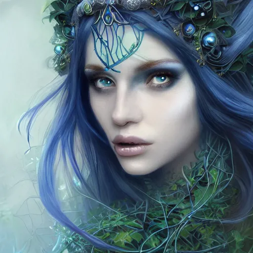 Image similar to detailed portrait of a dark fairy queen , realism, pale blue, emerald, sapphire, wearing a crown of vines, nest of vipers, moonlit, dark fantasy, dramatic lighting, cgsociety, artstation